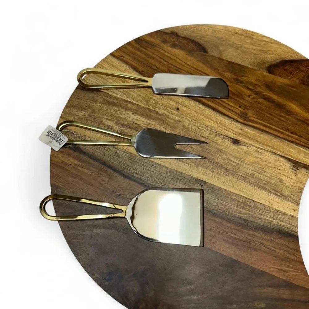 Crate&Barrel Beck Cheese Board and 3 Gold Cheese Knives Set